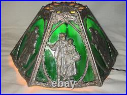 Antique Art Nouveau 6 Panel Slag Glass Figural Shade For Table Lamp Man Woman