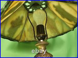 Antique Art Nouveau 6 Panel Slag Glass Figural Shade Table Lamp Man Woman