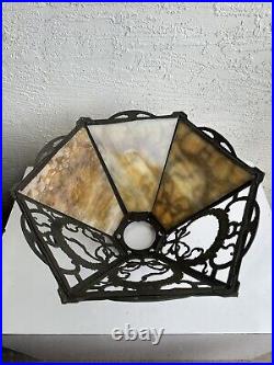 Antique Art Nouveau 6 Panel Slag Glass Table Lamp Shade 4P