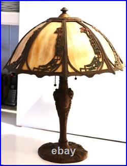 Antique Art Nouveau 8-Panel Curved Slag Glass Umbrella Shade Table Lamp