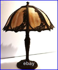 Antique Art Nouveau 8-Panel Curved Slag Glass Umbrella Shade Table Lamp