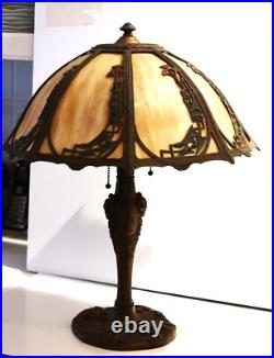 Antique Art Nouveau 8-Panel Curved Slag Glass Umbrella Shade Table Lamp