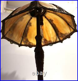 Antique Art Nouveau 8-Panel Curved Slag Glass Umbrella Shade Table Lamp