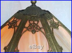 Antique Art Nouveau 8 Panel Slag Glass Lamp Ornate Floral Design