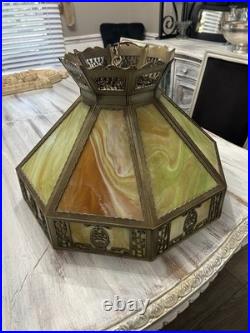 Antique Art Nouveau Amber Green White Slag Glass Hanging Lamp