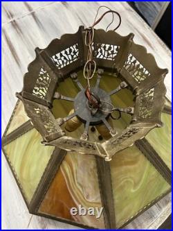 Antique Art Nouveau Amber Green White Slag Glass Hanging Lamp
