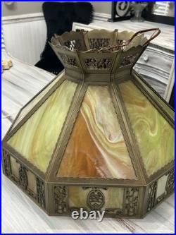 Antique Art Nouveau Amber Green White Slag Glass Hanging Lamp