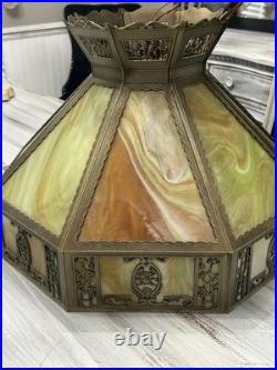 Antique Art Nouveau Amber Green White Slag Glass Hanging Lamp