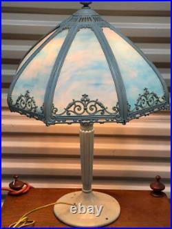 Antique Art Nouveau Bent Slag Glass Blue Cotton Candy Lamp B & H Style