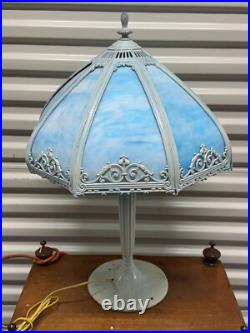 Antique Art Nouveau Bent Slag Glass Blue Cotton Candy Lamp B & H Style