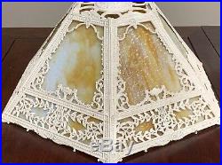 Antique Art Nouveau Bent Slag Glass Lamp Shade Ivory Caramel Six Panels