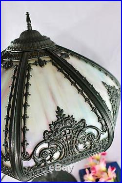 Antique Art Nouveau Blue 8 Panel Slag Glass Table Lamp Signed