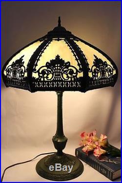 Antique Art Nouveau Blue 8 Panel Slag Glass Table Lamp Signed