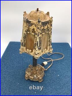Antique Art Nouveau Boudoir 6-sided Slag Glass Shade Cast Iron -works