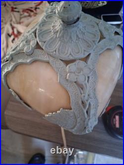 Antique Art Nouveau Boudoir Lamp 4 Sides Slag Glass Lamp Shade Side Table Light
