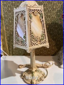 Antique Art Nouveau Boudoir Lamp 6 Sides Slag Glass Lamp Shade Side Table Light