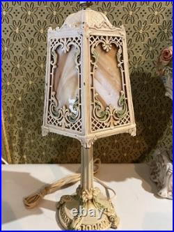 Antique Art Nouveau Boudoir Lamp 6 Sides Slag Glass Lamp Shade Side Table Light
