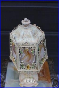 Antique Art Nouveau Boudoir Lamp 6 Sides Slag Glass Lamp Shade Side Table Light