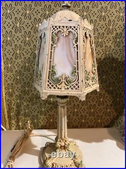 Antique Art Nouveau Boudoir Lamp 6 Sides Slag Glass Lamp Shade Side Table Light