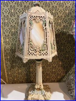 Antique Art Nouveau Boudoir Lamp 6 Sides Slag Glass Lamp Shade Side Table Light