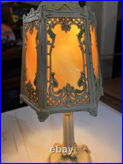 Antique Art Nouveau Boudoir Lamp 6 Sides Slag Glass Lamp Shade Side Table Light