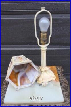 Antique Art Nouveau Boudoir Lamp 6 Sides Slag Glass Lamp Shade Side Table Light