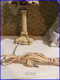 Antique Art Nouveau Boudoir Lamp 6 Sides Slag Glass Lamp Shade Side Table Light