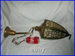 Antique Art Nouveau Brass Ceiling Lamp Light Fixture 6 Panel Slag Glass Sconce