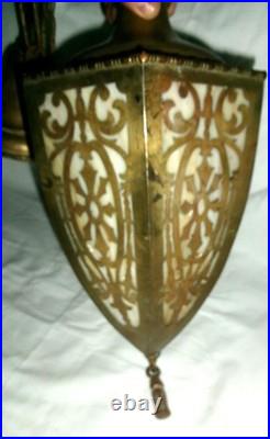 Antique Art Nouveau Brass Ceiling Lamp Light Fixture 6 Panel Slag Glass Sconce