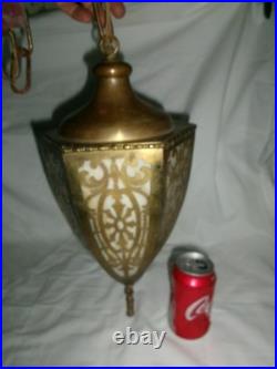 Antique Art Nouveau Brass Ceiling Lamp Light Fixture 6 Panel Slag Glass Sconce