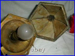 Antique Art Nouveau Brass Ceiling Lamp Light Fixture 6 Panel Slag Glass Sconce