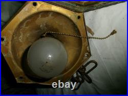 Antique Art Nouveau Brass Ceiling Lamp Light Fixture 6 Panel Slag Glass Sconce