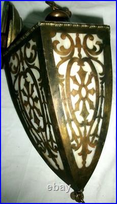 Antique Art Nouveau Brass Ceiling Lamp Light Fixture 6 Panel Slag Glass Sconce