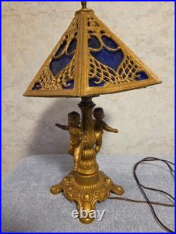 Antique Art Nouveau Brass Table Lamp With 2 Cherubs And 6 Panel Blue Slag Glass