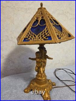 Antique Art Nouveau Brass Table Lamp With 2 Cherubs And 6 Panel Blue Slag Glass