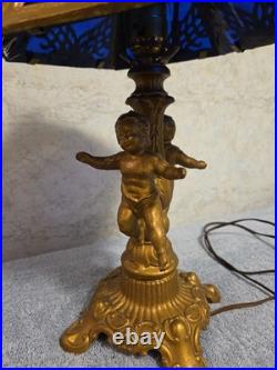 Antique Art Nouveau Brass Table Lamp With 2 Cherubs And 6 Panel Blue Slag Glass Antique Art Nouveau Brass Table Lamp With 2 Cherubs And 6 Panel Blue Slag Glass