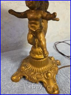 Antique Art Nouveau Brass Table Lamp With 2 Cherubs And 6 Panel Blue Slag Glass