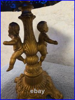 Antique Art Nouveau Brass Table Lamp With 2 Cherubs And 6 Panel Blue Slag Glass Antique Art Nouveau Brass Table Lamp With 2 Cherubs And 6 Panel Blue Slag Glass
