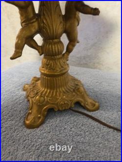 Antique Art Nouveau Brass Table Lamp With 2 Cherubs And 6 Panel Blue Slag Glass