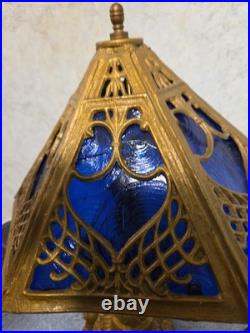 Antique Art Nouveau Brass Table Lamp With 2 Cherubs And 6 Panel Blue Slag Glass
