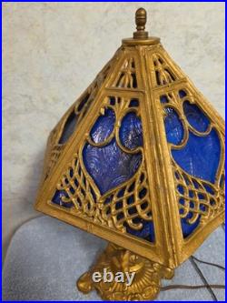 Antique Art Nouveau Brass Table Lamp With 2 Cherubs And 6 Panel Blue Slag Glass