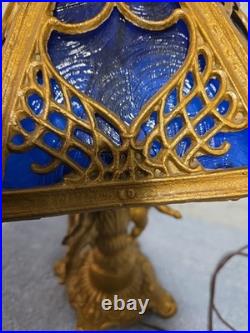 Antique Art Nouveau Brass Table Lamp With 2 Cherubs And 6 Panel Blue Slag Glass Antique Art Nouveau Brass Table Lamp With 2 Cherubs And 6 Panel Blue Slag Glass