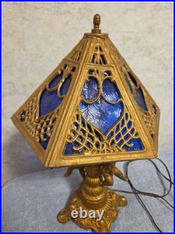 Antique Art Nouveau Brass Table Lamp With 2 Cherubs And 6 Panel Blue Slag Glass