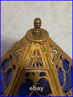 Antique Art Nouveau Brass Table Lamp With 2 Cherubs And 6 Panel Blue Slag Glass