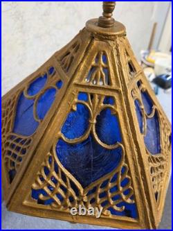 Antique Art Nouveau Brass Table Lamp With 2 Cherubs And 6 Panel Blue Slag Glass Antique Art Nouveau Brass Table Lamp With 2 Cherubs And 6 Panel Blue Slag Glass