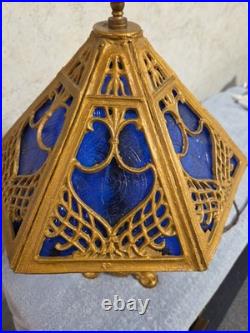 Antique Art Nouveau Brass Table Lamp With 2 Cherubs And 6 Panel Blue Slag Glass