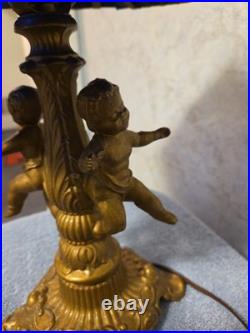Antique Art Nouveau Brass Table Lamp With 2 Cherubs And 6 Panel Blue Slag Glass Antique Art Nouveau Brass Table Lamp With 2 Cherubs And 6 Panel Blue Slag Glass