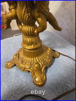 Antique Art Nouveau Brass Table Lamp With 2 Cherubs And 6 Panel Blue Slag Glass