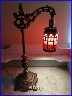 Antique Art Nouveau Bridge Arm Lamp Gothic Style Dark Red Slag Glass Brass Shade