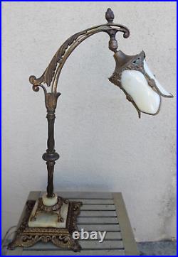 Antique Art Nouveau Bridge Arm Table Lamp Arts & Crafts Cream Slag Glass Shade